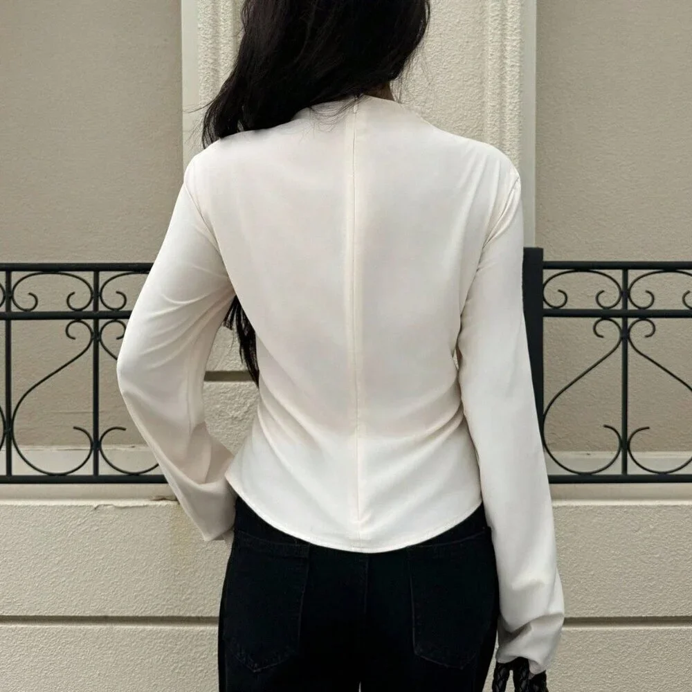Apricot Elegant Women's Stand Collar Pleated Long Sleeve Blouse
